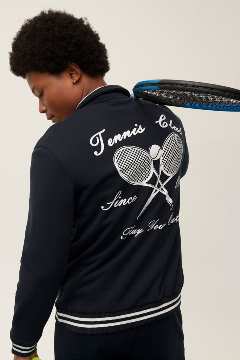 Erkek Lacivert Standart Fit Dik Yaka Sporcu Yarım Fermuarlı Baskılı Sweatshirt