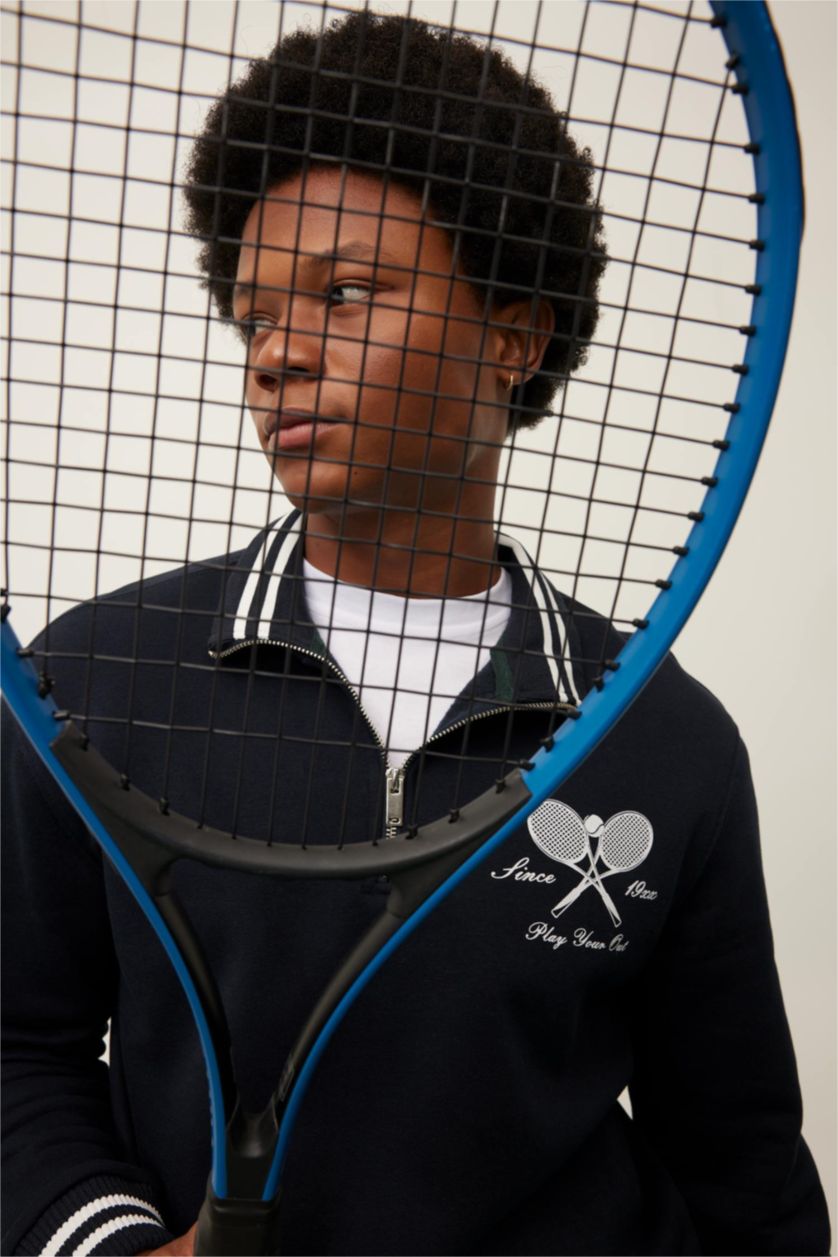 Erkek Lacivert Standart Fit Dik Yaka Sporcu Yarım Fermuarlı Baskılı Sweatshirt