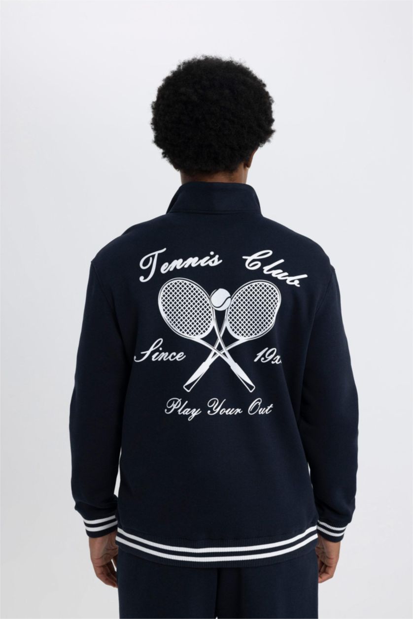 Erkek Lacivert Standart Fit Dik Yaka Sporcu Yarım Fermuarlı Baskılı Sweatshirt