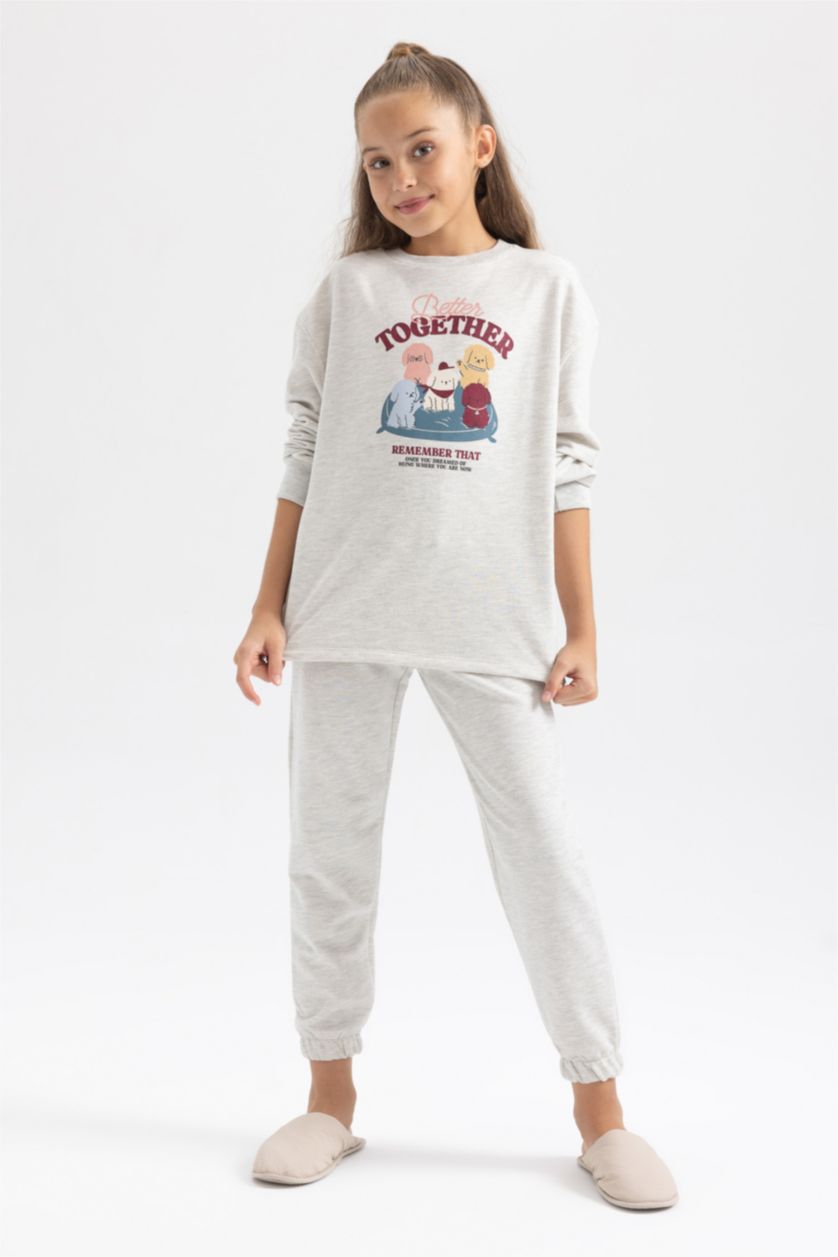 GIRLS & TEENS Light Grey Melange Girl Printed  Pajama Set