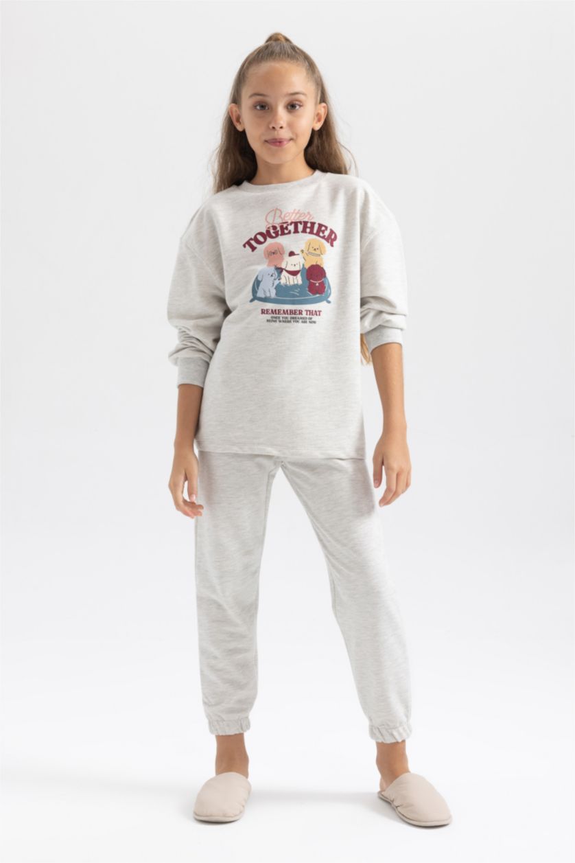 GIRLS & TEENS Light Grey Melange Girl Printed  Pajama Set