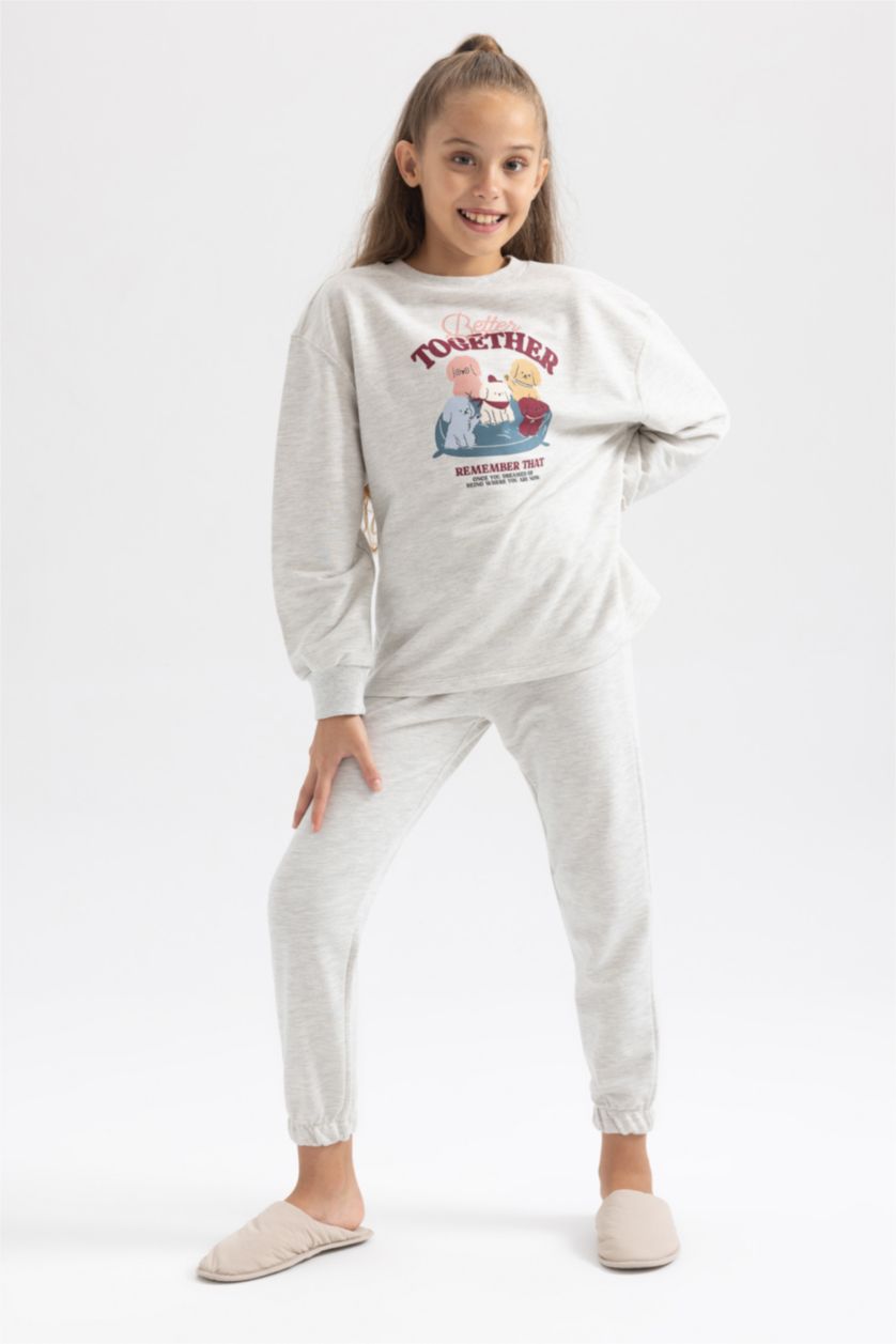GIRLS & TEENS Light Grey Melange Girl Printed  Pajama Set