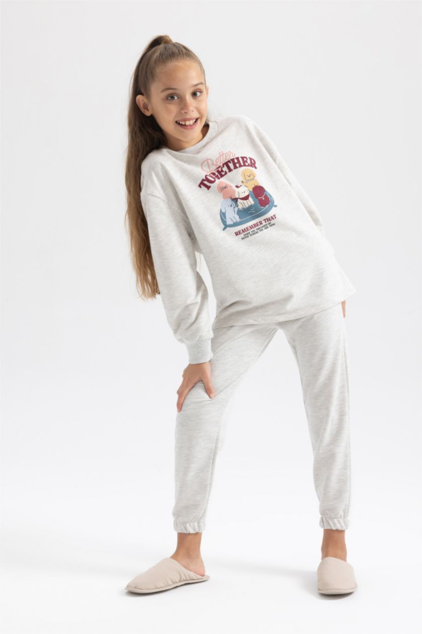 GIRLS & TEENS Light Grey Melange Girl Printed  Pajama Set