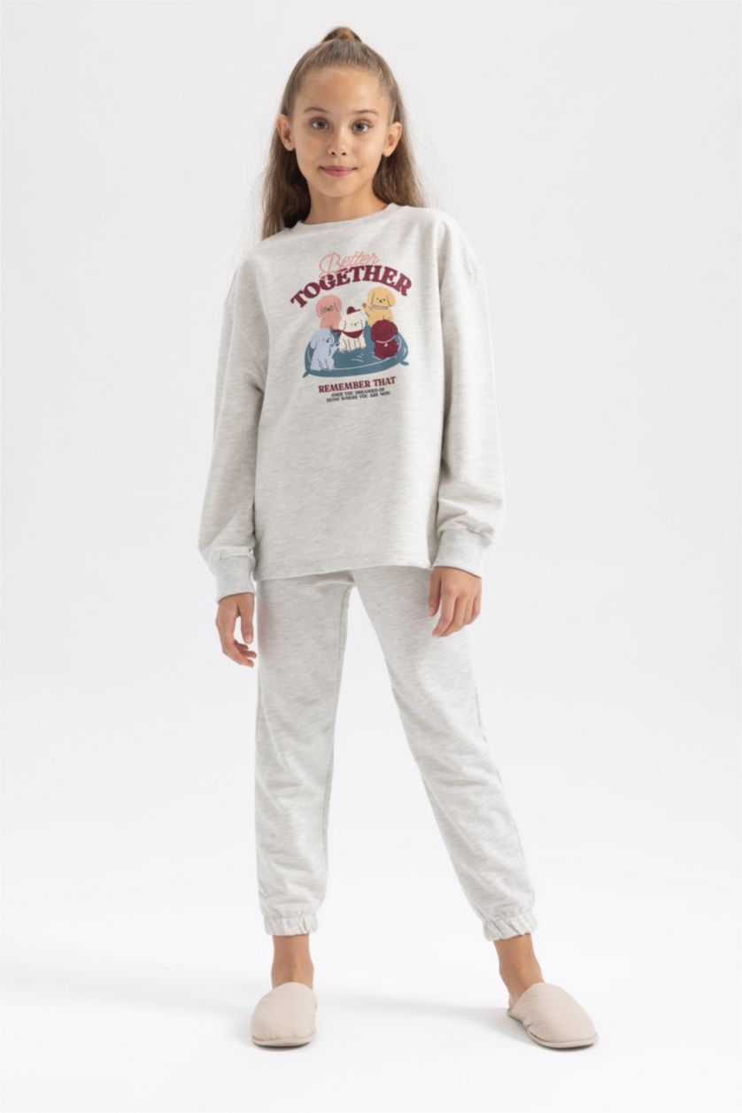 GIRLS & TEENS Light Grey Melange Girl Printed  Pajama Set