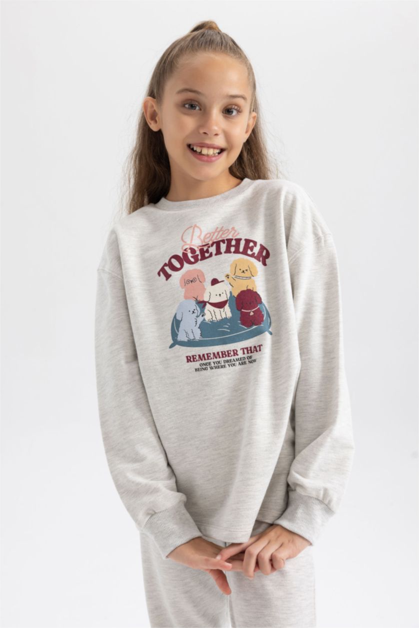 GIRLS & TEENS Light Grey Melange Girl Printed  Pajama Set