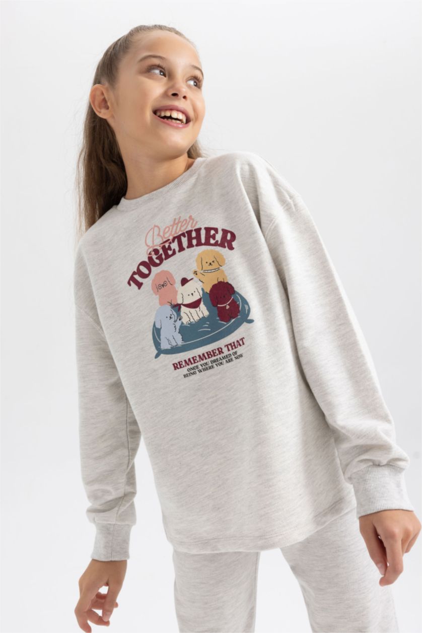 GIRLS & TEENS Light Grey Melange Girl Printed  Pajama Set