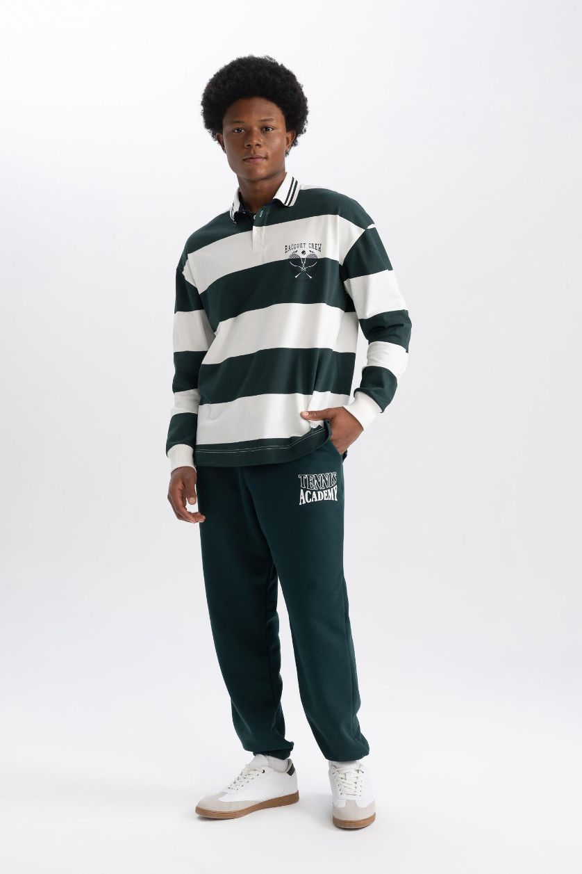 Erkek Koyu Yeşil Boxy Fit Polo Yaka Çizgili Uzun Kollu Tişört