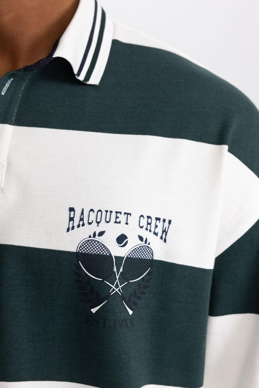 Erkek Koyu Yeşil Boxy Fit Polo Yaka Çizgili Uzun Kollu Tişört