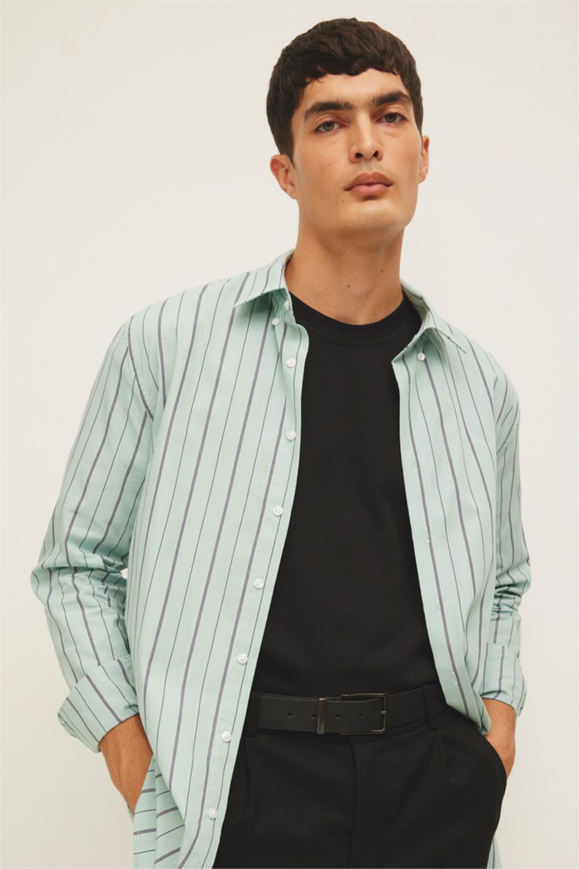 رجال أكوا قميص بولو مخطط كم طويل مودرن فيت