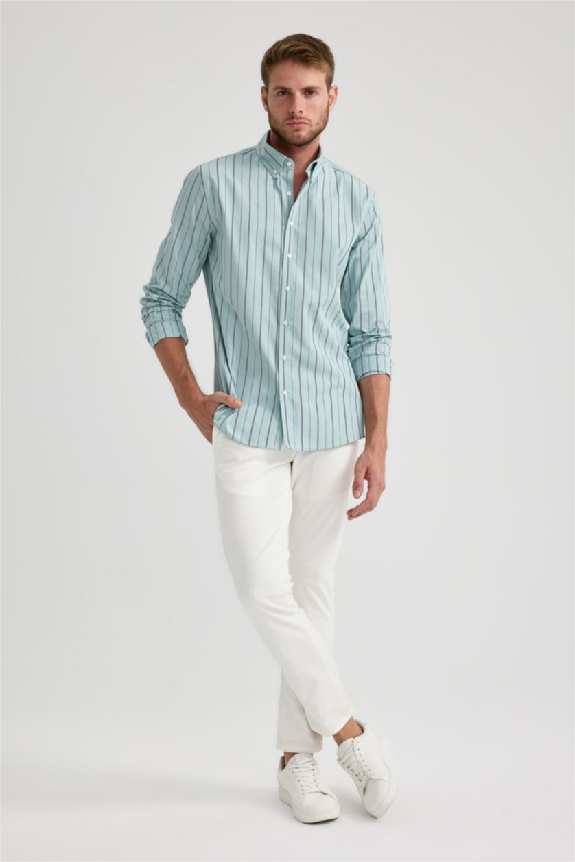 رجال أكوا قميص بولو مخطط كم طويل مودرن فيت