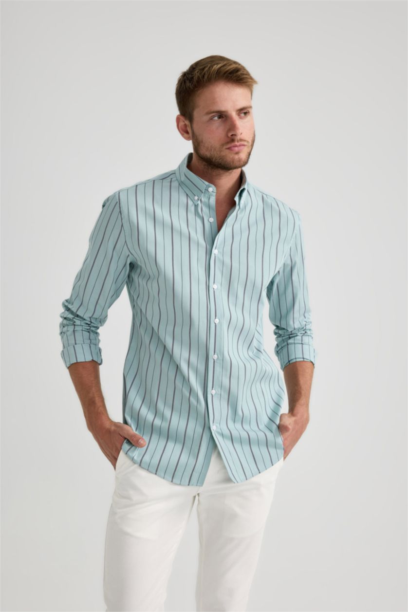 رجال أكوا قميص بولو مخطط كم طويل مودرن فيت