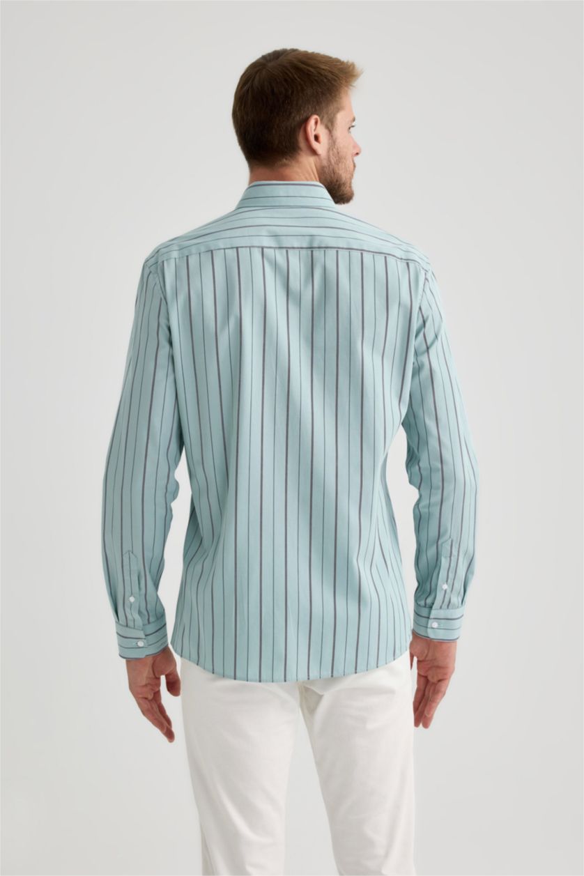 رجال أكوا قميص بولو مخطط كم طويل مودرن فيت