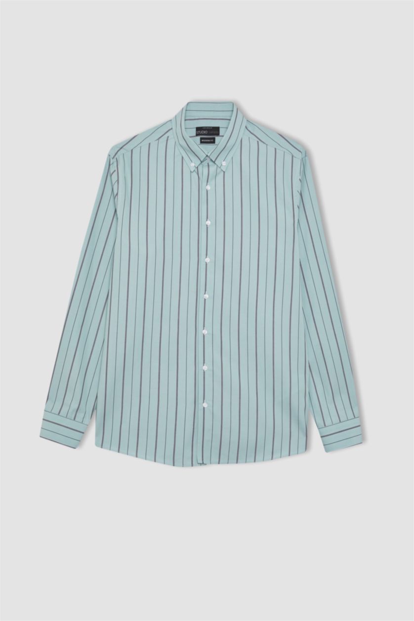 رجال أكوا قميص بولو مخطط كم طويل مودرن فيت