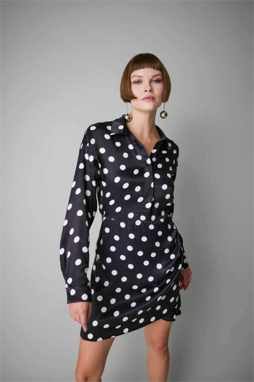 Woman Black Shirt Collar Satin Polka Dot Mini Dress