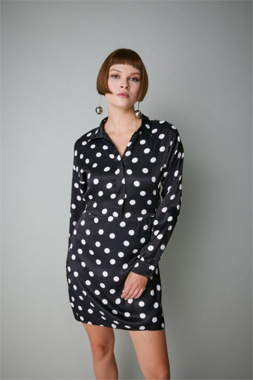 Woman Black Shirt Collar Satin Polka Dot Mini Dress