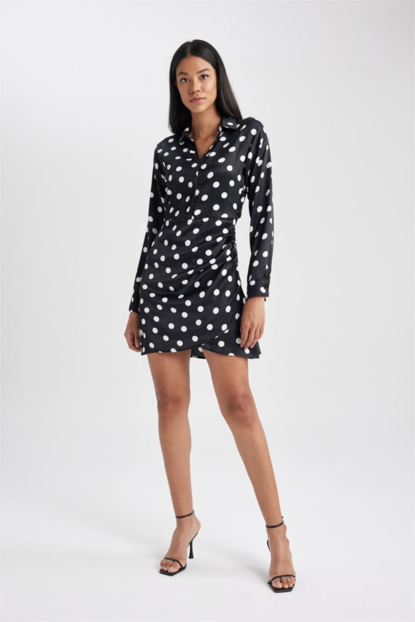 Woman Black Shirt Collar Satin Polka Dot Mini Dress