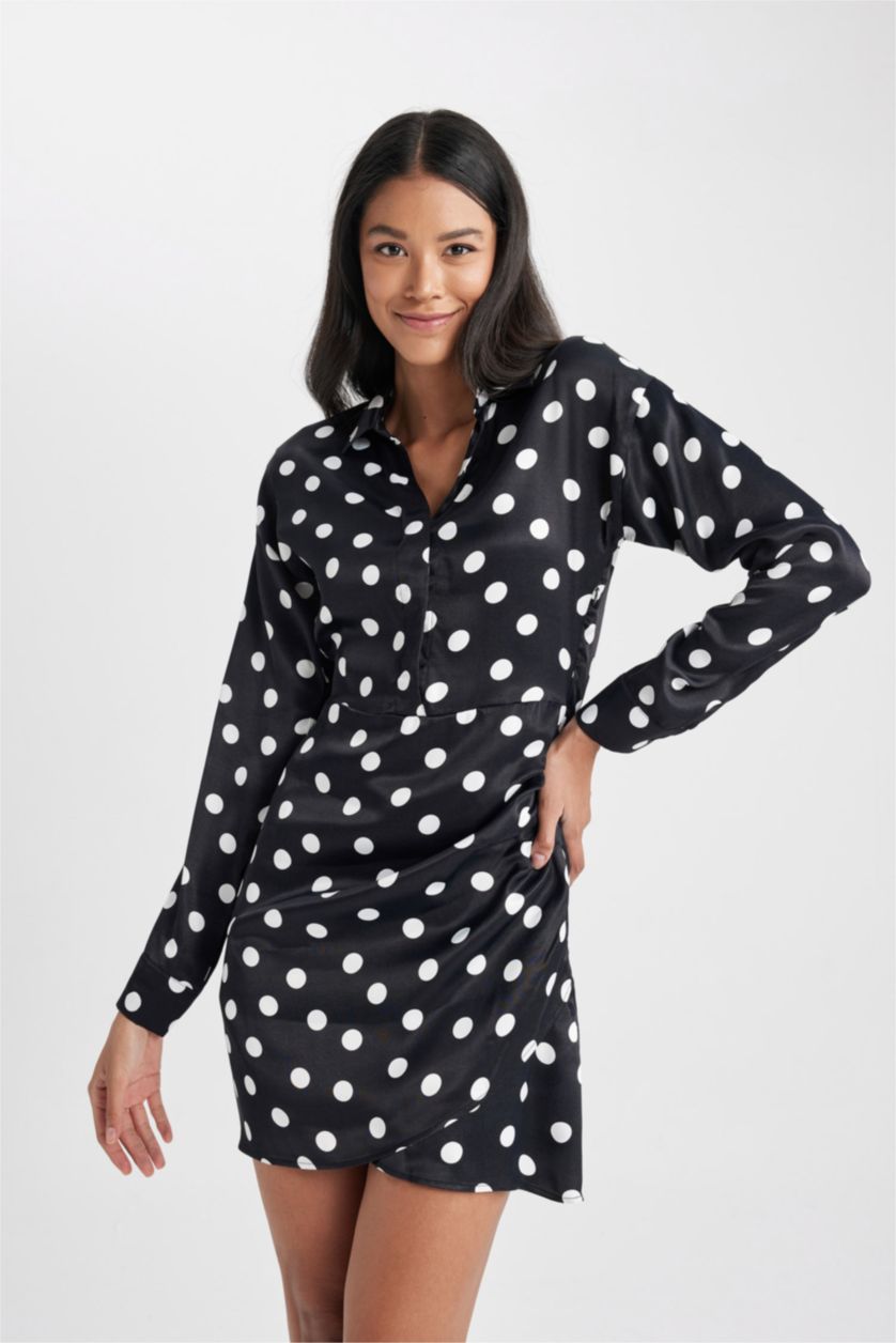 Woman Black Shirt Collar Satin Polka Dot Mini Dress