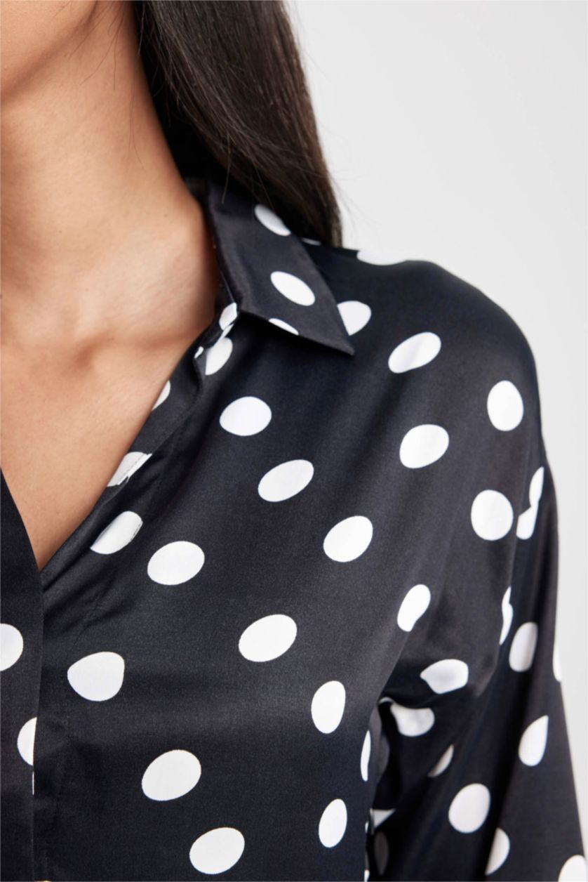 Woman Black Shirt Collar Satin Polka Dot Mini Dress