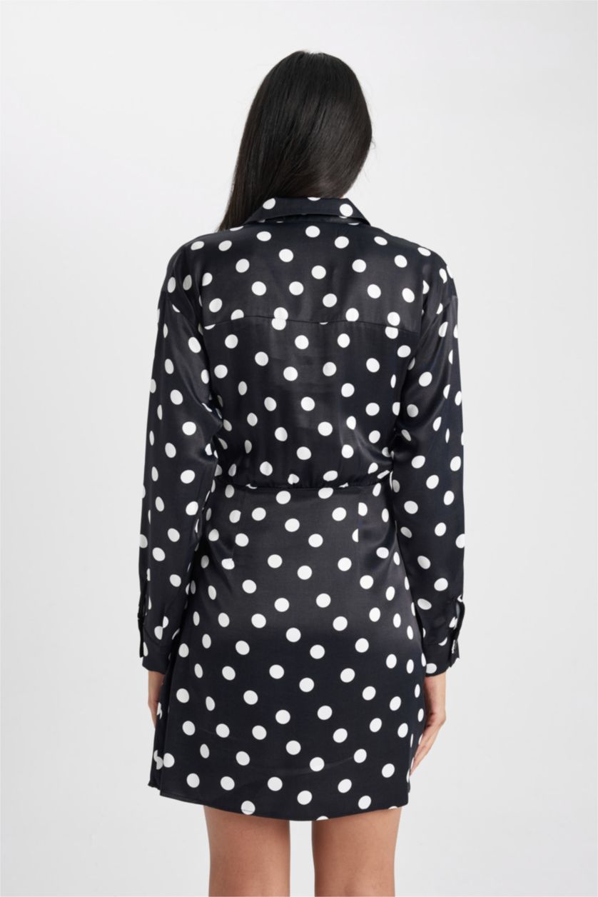 Woman Black Shirt Collar Satin Polka Dot Mini Dress