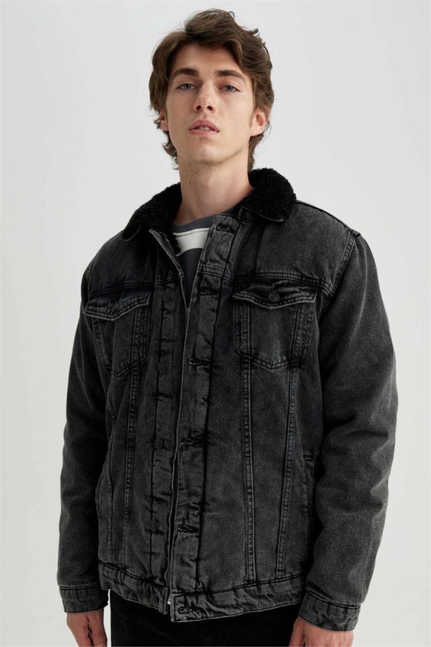 HOMME Noir Jaquette Coupe Slim Col En Fausse Fourrure