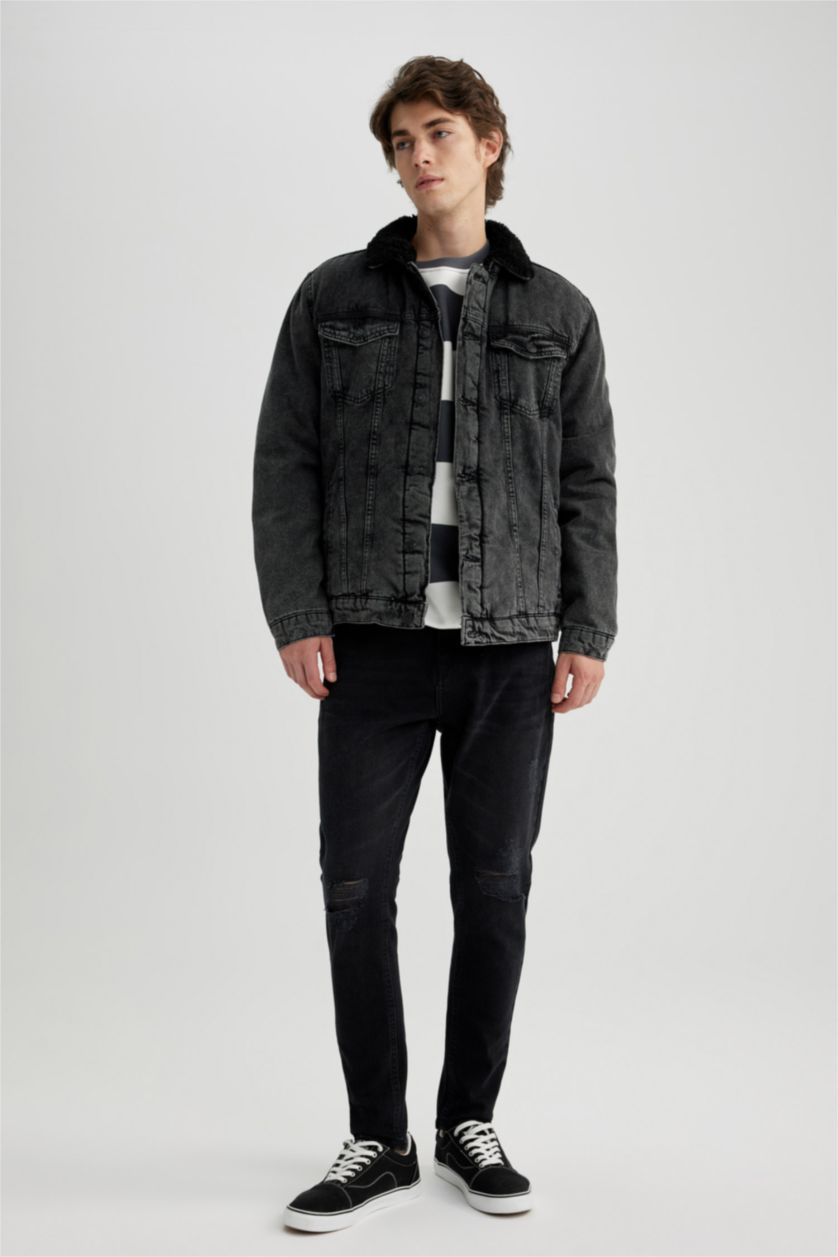 HOMME Noir Jaquette Coupe Slim Col En Fausse Fourrure