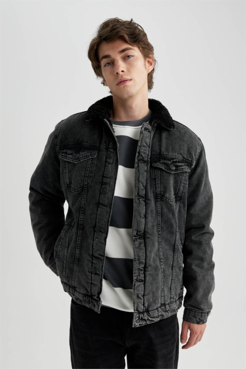 HOMME Noir Jaquette Coupe Slim Col En Fausse Fourrure