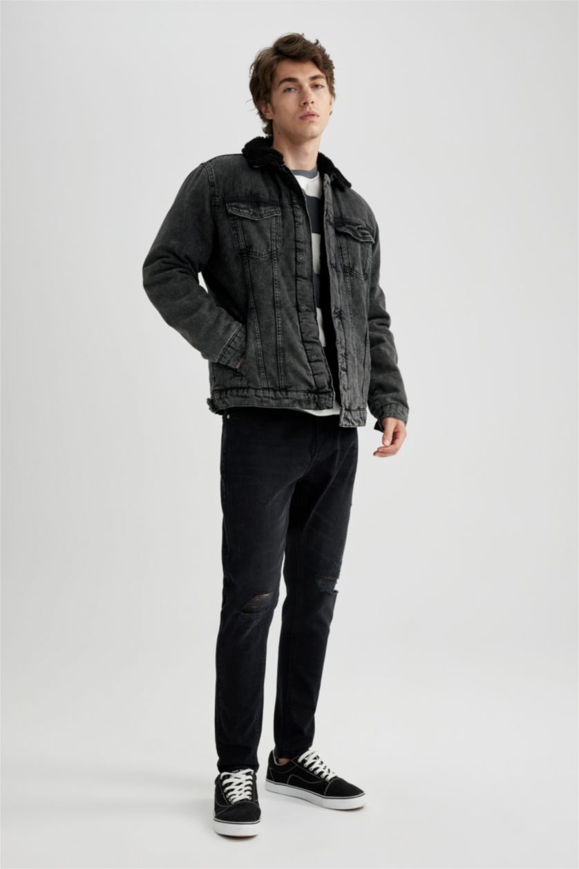 HOMME Noir Jaquette Coupe Slim Col En Fausse Fourrure