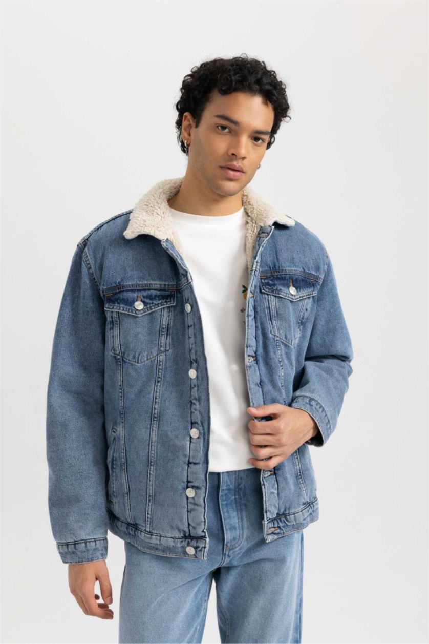 Erkek Mavi Slim Fit Dar Kesim Suni Kürklü Yaka Jean Ceket