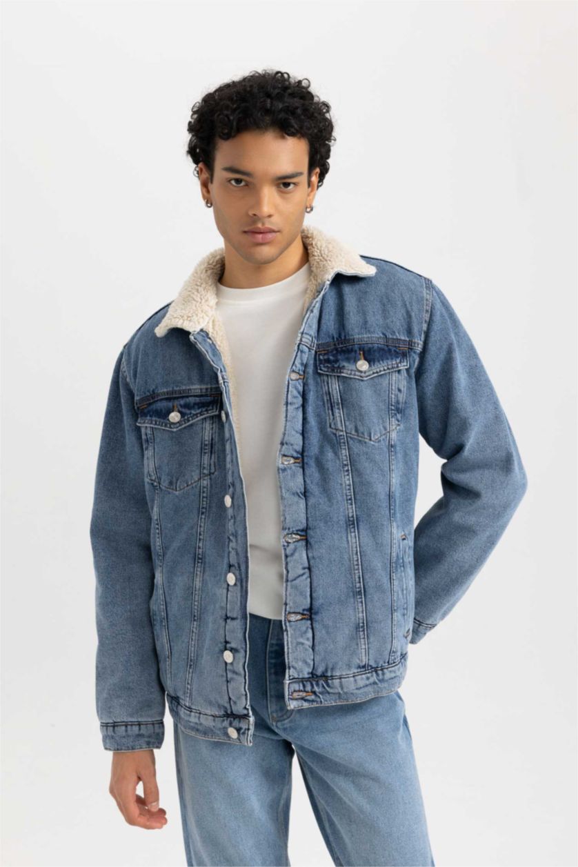 Erkek Mavi Slim Fit Dar Kesim Suni Kürklü Yaka Jean Ceket