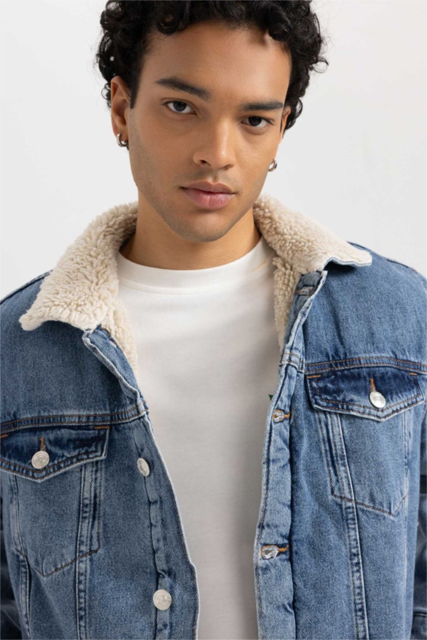 Erkek Mavi Slim Fit Dar Kesim Suni Kürklü Yaka Jean Ceket