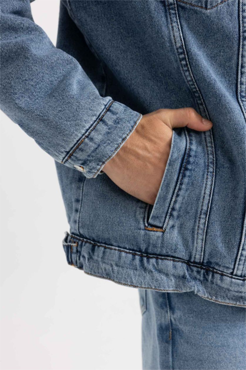 Erkek Mavi Slim Fit Dar Kesim Suni Kürklü Yaka Jean Ceket