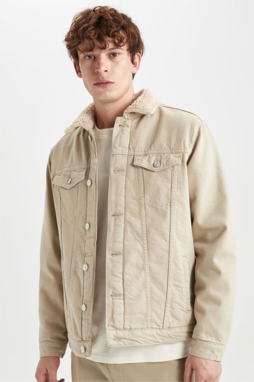 HOMME Beige Jaquette Coupe Slim Col En Fausse Fourrure