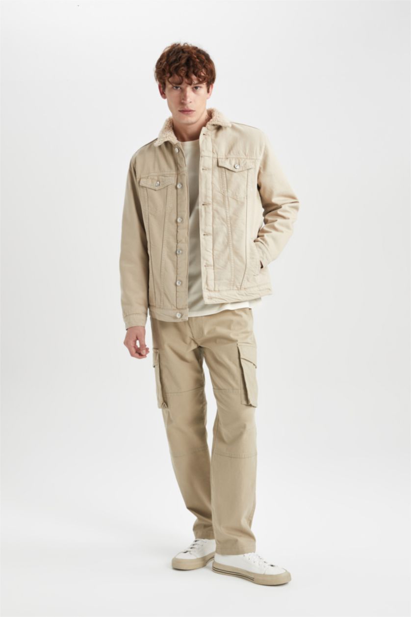 HOMME Beige Jaquette Coupe Slim Col En Fausse Fourrure