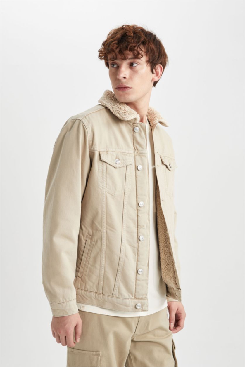 HOMME Beige Jaquette Coupe Slim Col En Fausse Fourrure