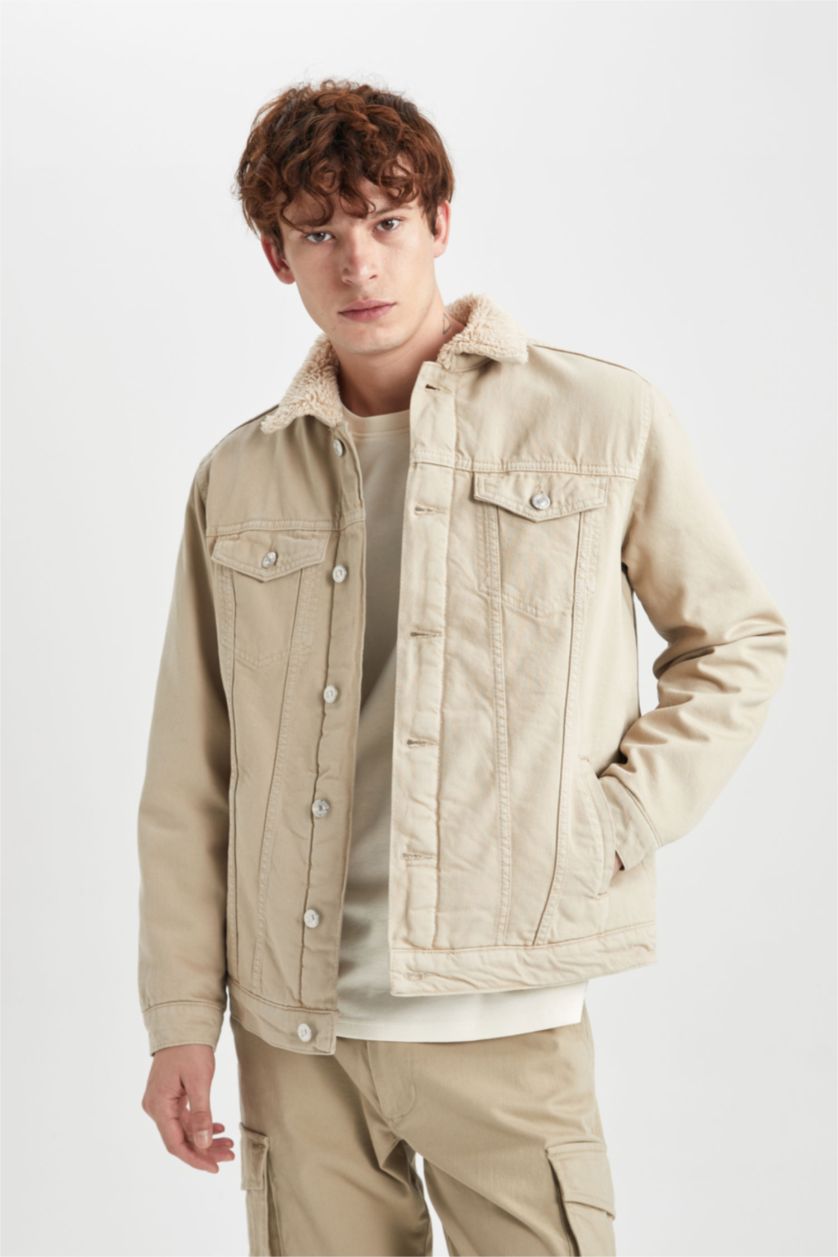 HOMME Beige Jaquette Coupe Slim Col En Fausse Fourrure