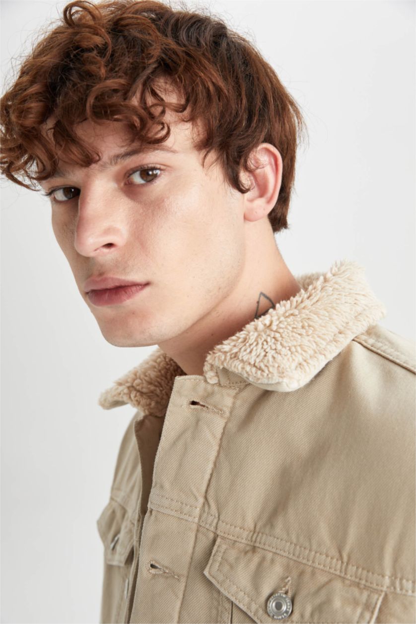 HOMME Beige Jaquette Coupe Slim Col En Fausse Fourrure