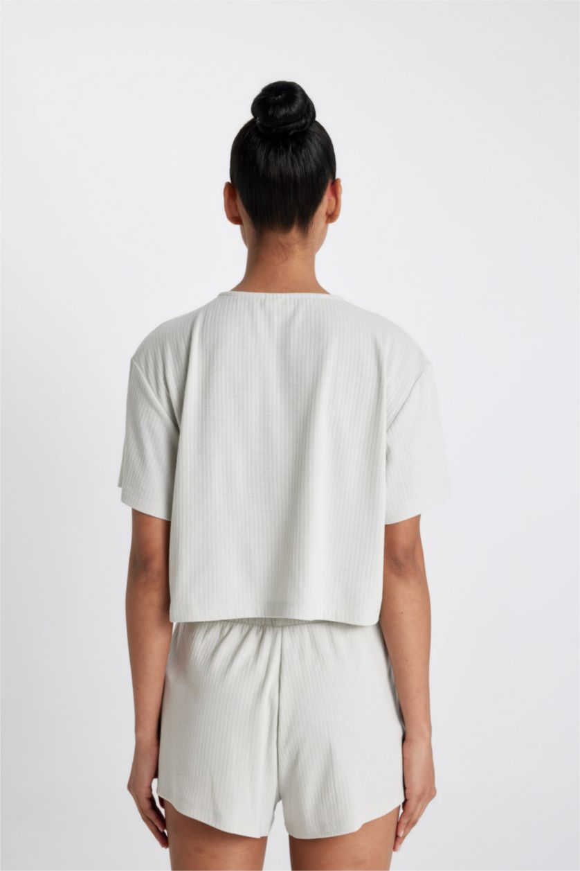 Kadın Açık Gri Cropped Fıt Bisiklet Yaka Sporcu Ribana Kısa Kollu Tişört