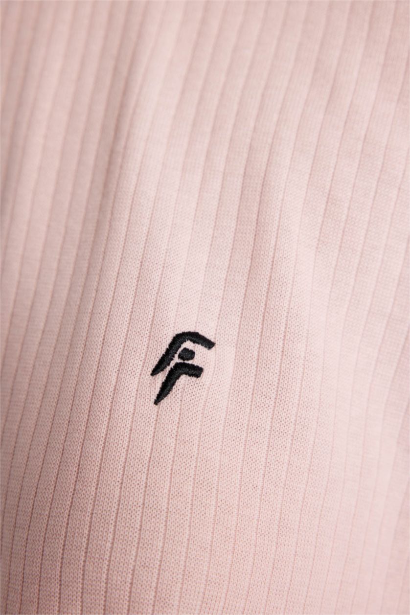 Kadın Pembe Cropped Fıt Bisiklet Yaka Sporcu Ribana Kısa Kollu Tişört