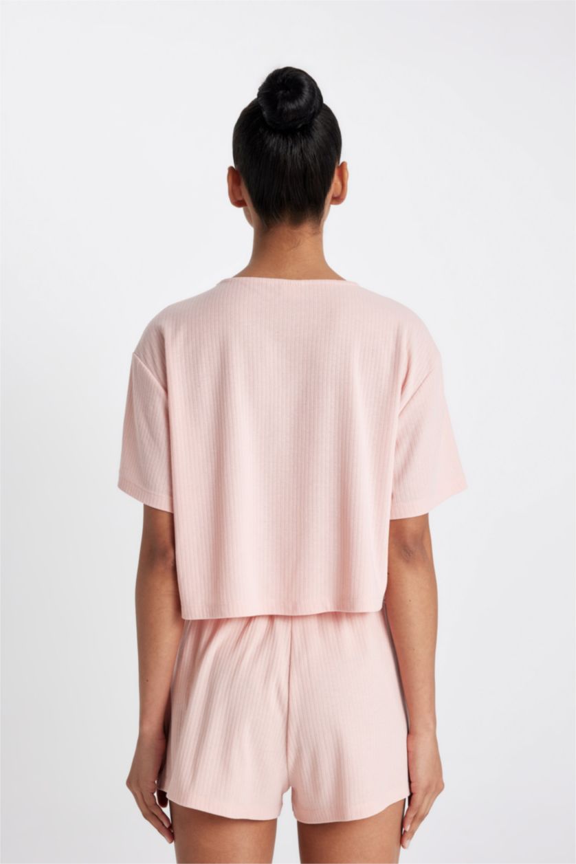 Kadın Pembe Cropped Fıt Bisiklet Yaka Sporcu Ribana Kısa Kollu Tişört