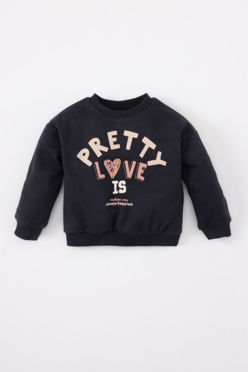 Kız Bebek Koyu Antrasit Kız Bebek Bisiklet Yaka Baskılı İçi Yumuşak Tüylü Sweatshirt