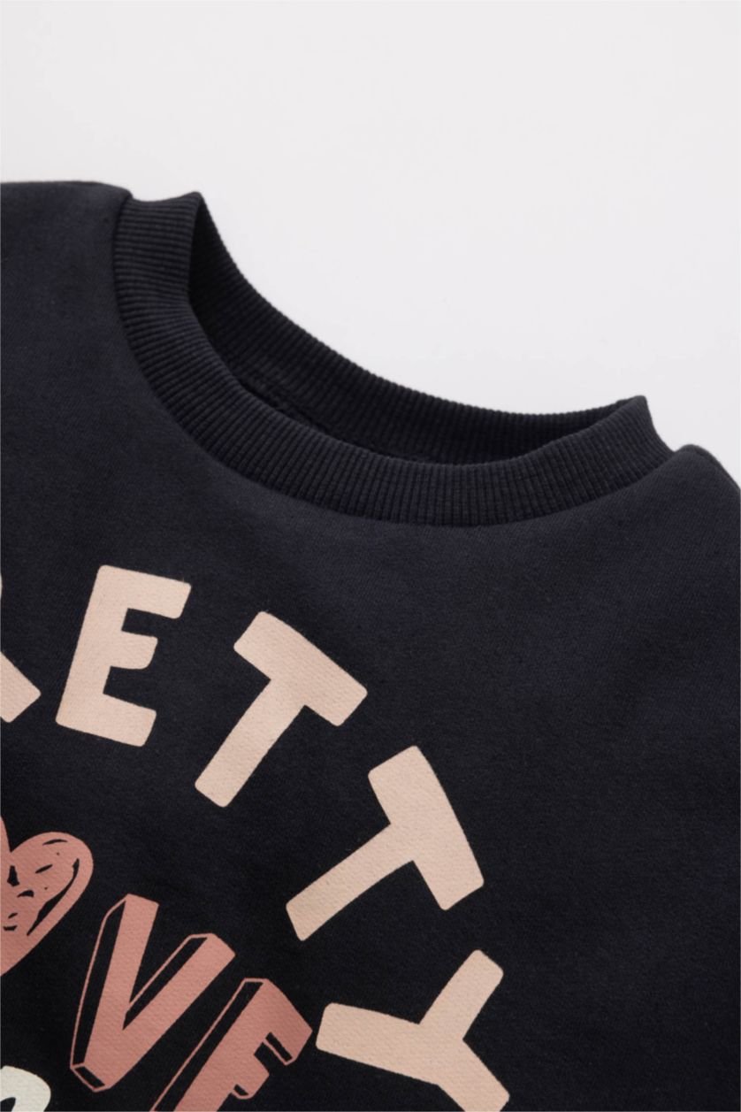 Kız Bebek Koyu Antrasit Kız Bebek Bisiklet Yaka Baskılı İçi Yumuşak Tüylü Sweatshirt
