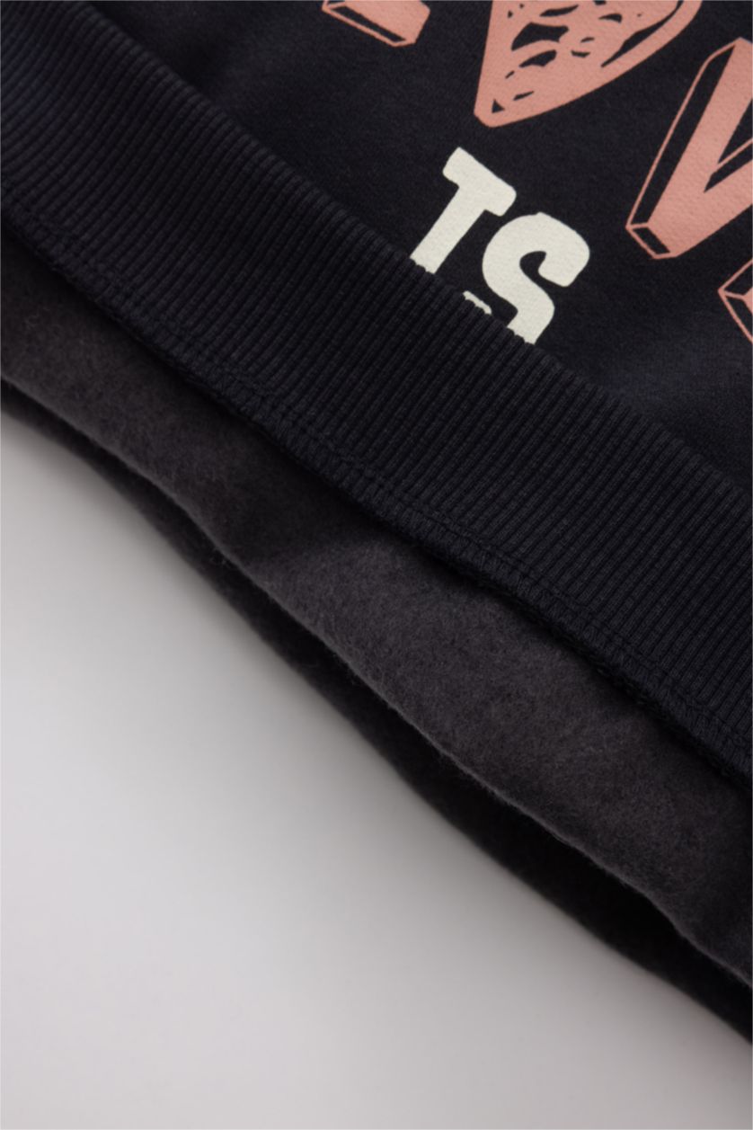 Kız Bebek Koyu Antrasit Kız Bebek Bisiklet Yaka Baskılı İçi Yumuşak Tüylü Sweatshirt