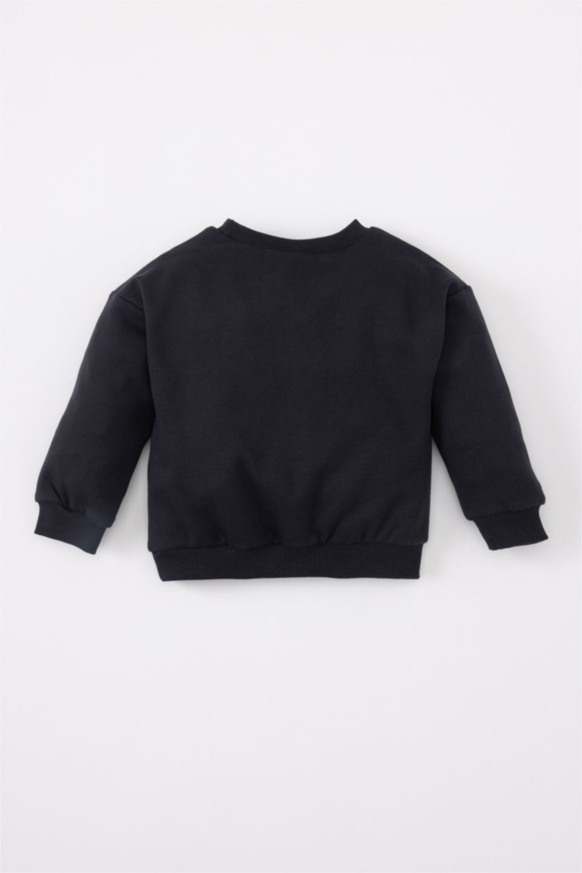 Kız Bebek Koyu Antrasit Kız Bebek Bisiklet Yaka Baskılı İçi Yumuşak Tüylü Sweatshirt