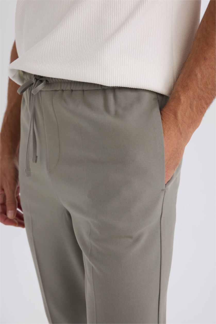 Erkek Haki Yazlık Kumaş Jogger Pantolon Beli Bağcıklı Lastikli Düz Paça Cepli Her Yöne Esneyen