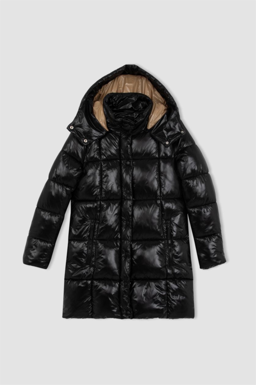 نساء أسود جاكيت نفخ طويل قصة عادية بغطاء للرأس مقاوم للماء