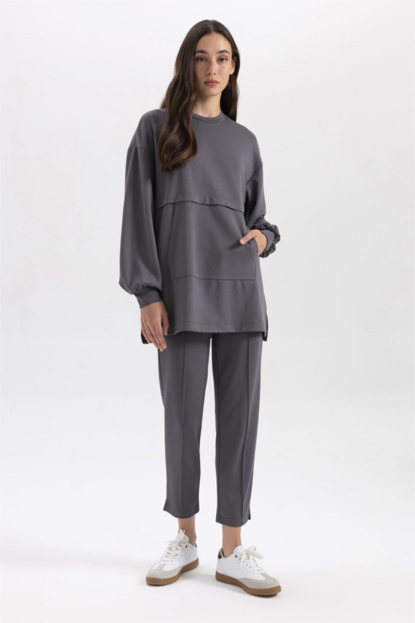 نساء أنثرا فاتح تونيك كم طويل قصة عادية بياقة مستديرة