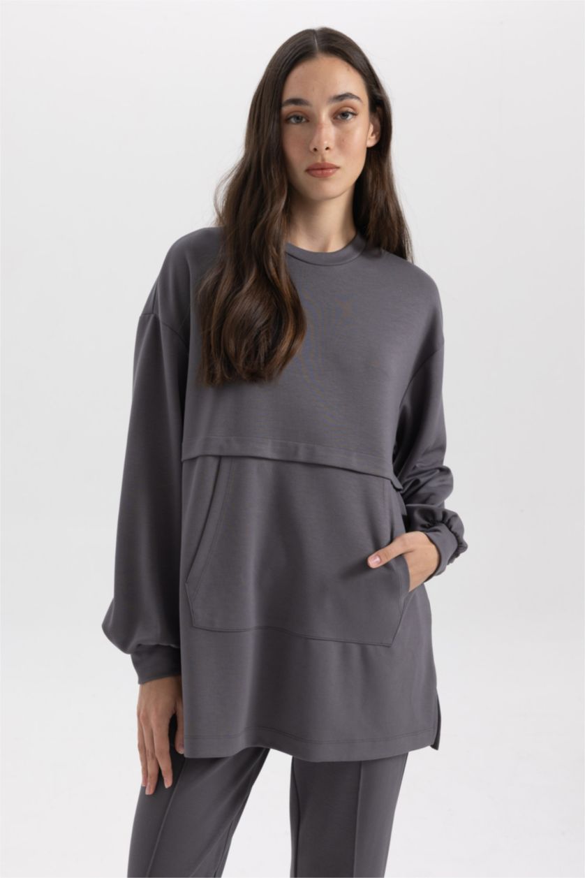 نساء أنثرا فاتح تونيك كم طويل قصة عادية بياقة مستديرة