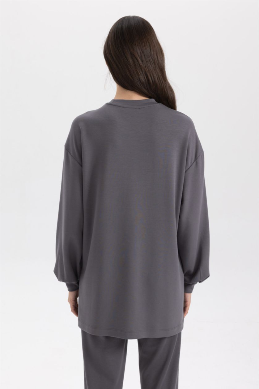 نساء أنثرا فاتح تونيك كم طويل قصة عادية بياقة مستديرة