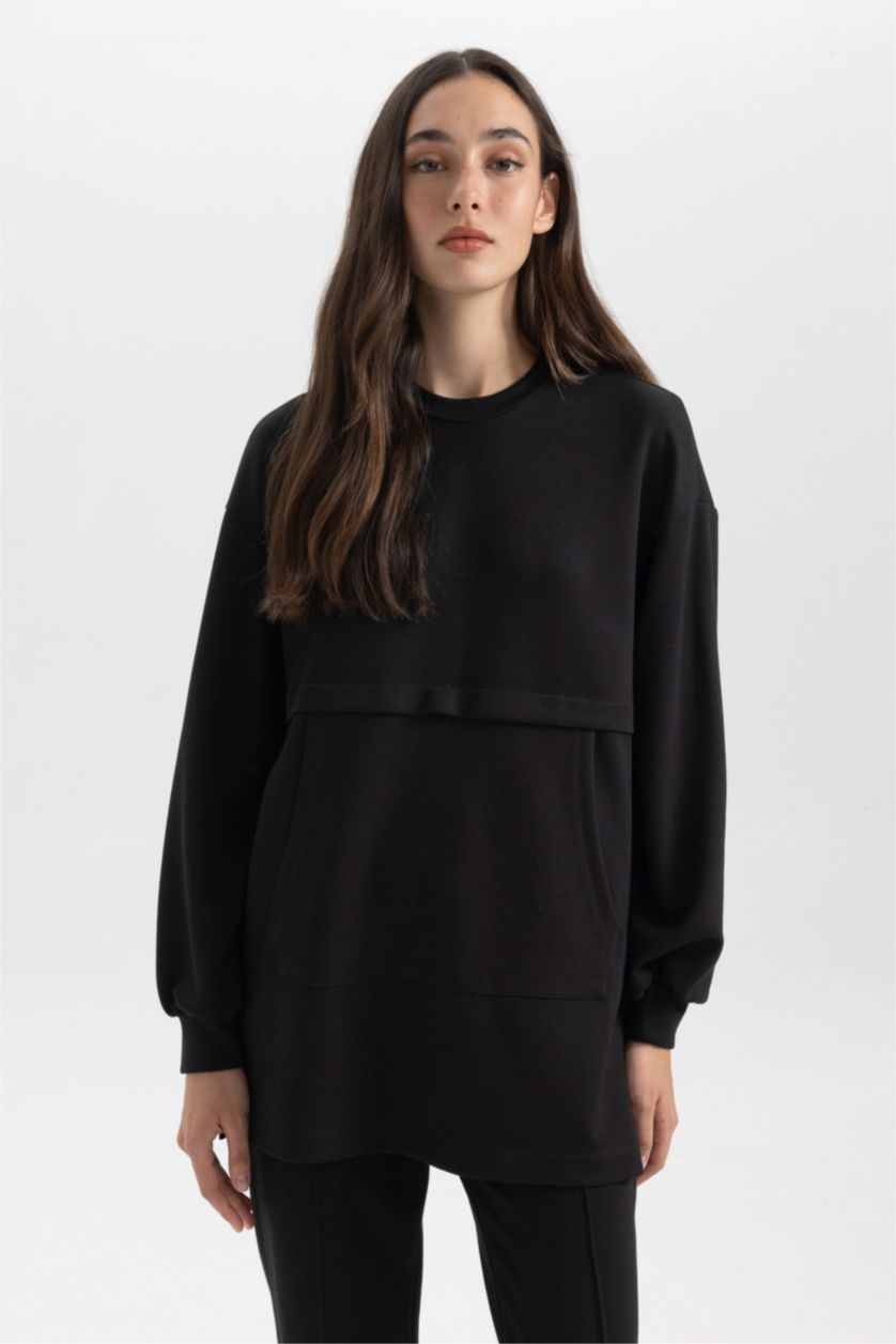 نساء أسود تونيك كم طويل قصة عادية بياقة مستديرة