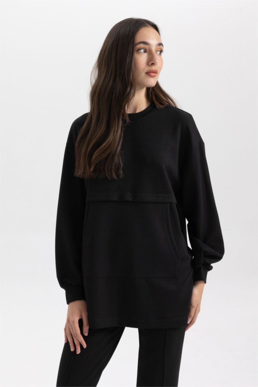 نساء أسود تونيك كم طويل قصة عادية بياقة مستديرة